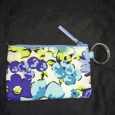 Vera Bradley Zip ID Case Blueberry Blooms Blue White Floral Green Black Keyring