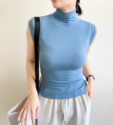 Summer Women Sleeveless Turtleneck Vest Slim Thin Crop Top