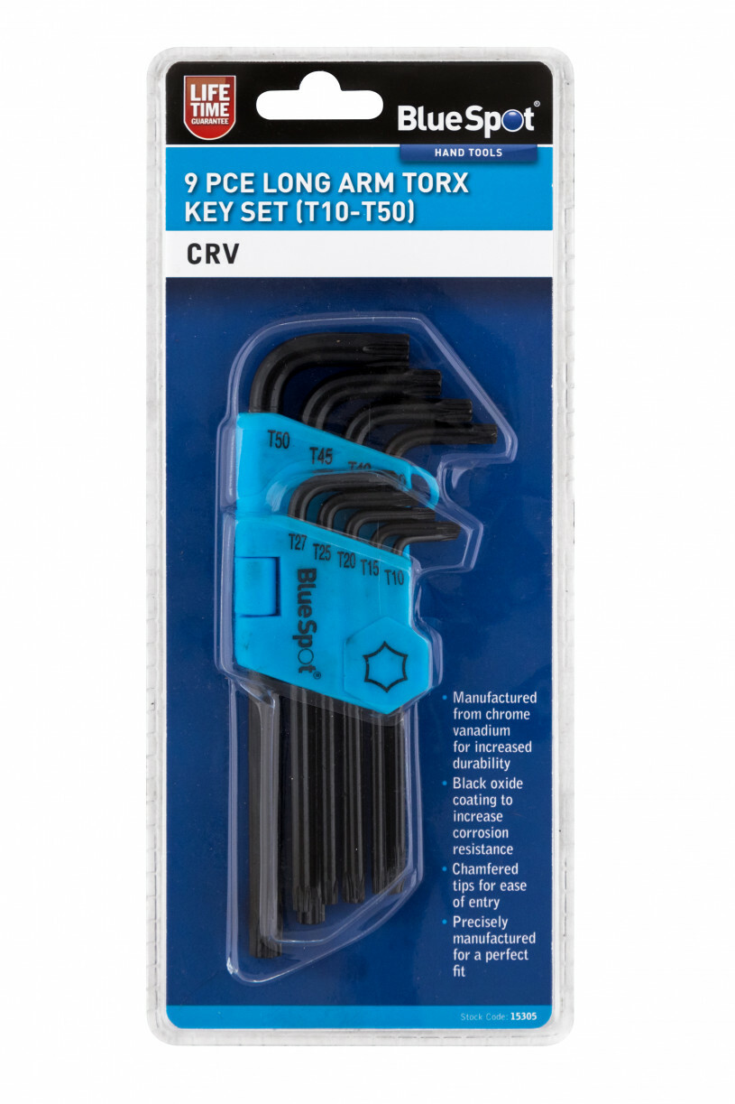 Bluespot Long Arm Star Torx Allen Key Wrench Set T10 - T50 9 Pc Black Oxide Keys
