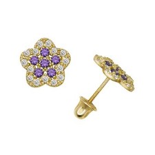 14k Yellow or White Gold CZ Flower Birthstone Stud Screw Back Earrings