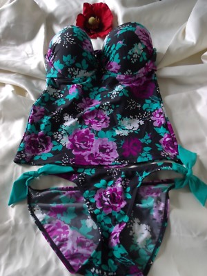 Debenhams Grey Mix Floral U/W Evenly Padded Tankini Side Tie