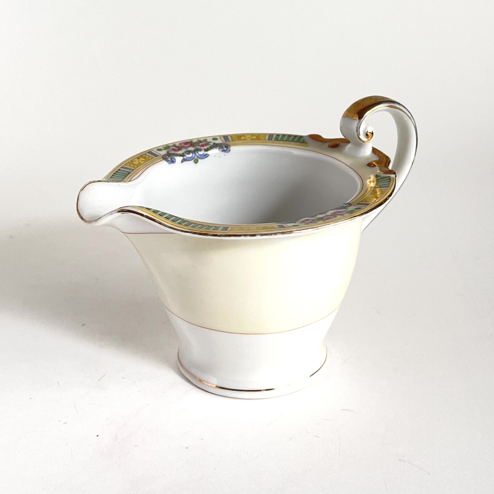 Japan Porcelain China Gold Green Pink Yellow Cream Sugar With Lid Art Deco