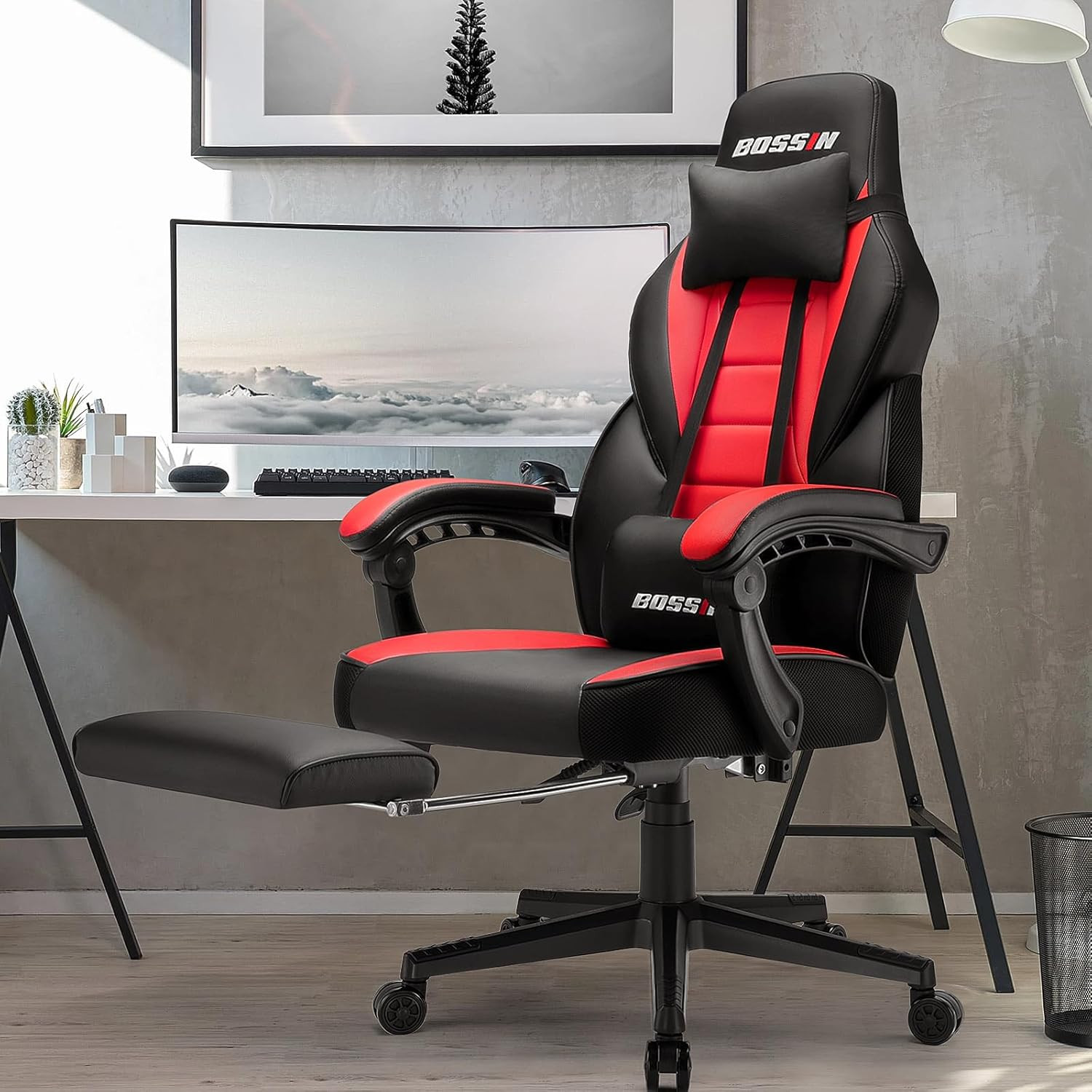 Racing Style Gaming Chair, Leather Computer Desk Chair with Footrest and Headres