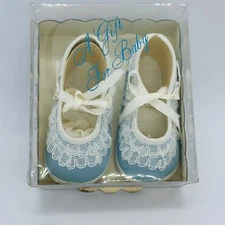 NOS Vintage Japan Baby Size 1 Blue Shoes A Gift for Baby White Lace White Ribbon
