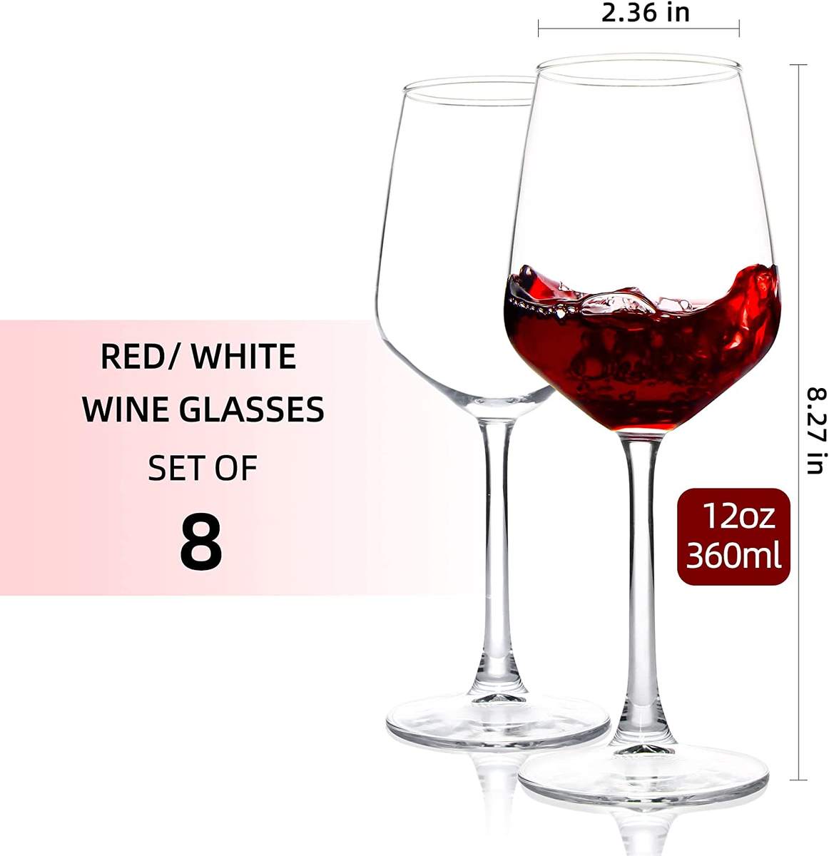 Wine Glasses Set of 8, 12Oz Clear Red/White Wine Glasses, Long Stem Wine  Glasses