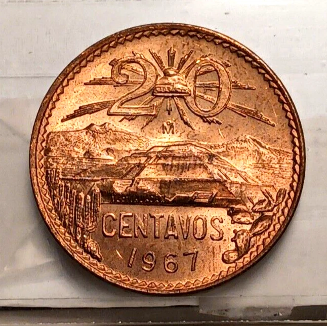 Mexico 1967 Mo 20 Centavos Choice BU Uncirculated Condition Bronze KM#440 - Image 2 of 4