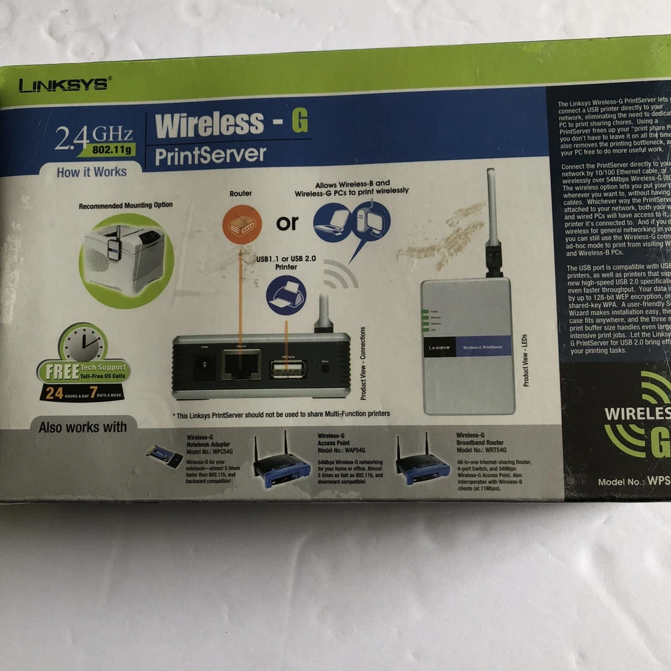 Linksys Wireless-G PrintServer USB 1.1 or 2.0 WPS54G 2.4GHz 802.11g NEW - Image 2 of 4