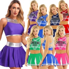 Womens Halloween Cheerleading Dance Costume Set Metallic Crop Tops and Skirts