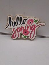 HELLO SPRING Cut out Decorative Wood Sign Colors Floral Navy/Pink/Gold/White