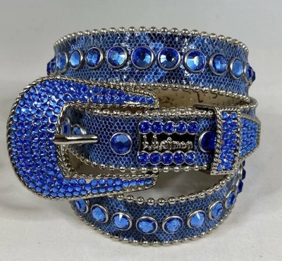BB SIMON SWAROVSKI CRYSTAL BLUE LEATHER BELT Size 34 or 36 100 
