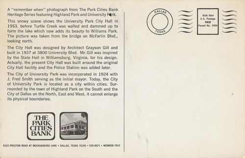 Postal TX Dallas University Park City Hall en 1953 (antes de la represa de Turtle Crk) - Imagen 2 de 2