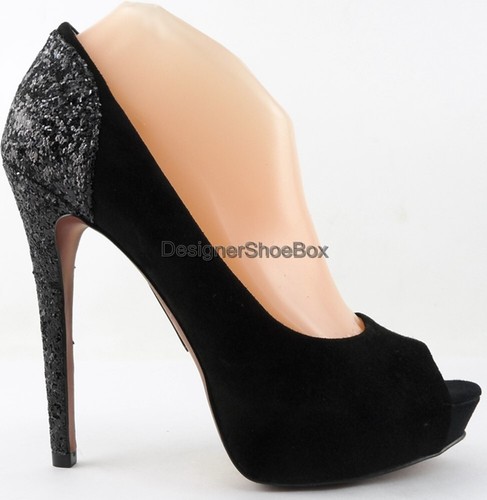 $140 BOUTIQUE 9 CARY Black Suede Glitter Designer Open Toe EVENING Pumps 8 - Picture 2 of 5
