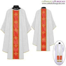 NEW White Gothic Vestment & Stole set with Jerusalem Cross Embroidery, Chasuble