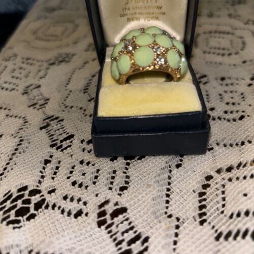Vintage Gold Plated Women Ring With Green And White Rhinestones