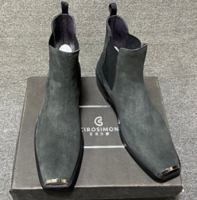 Mens Real Leather Ankle Boots Suede High-top Chelsea Boot Metal Square Toe Shoes