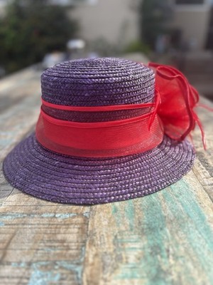 Purple Straw Sun Hat with Red Bow, Feather Accent, Wide Brim, Women s Formal