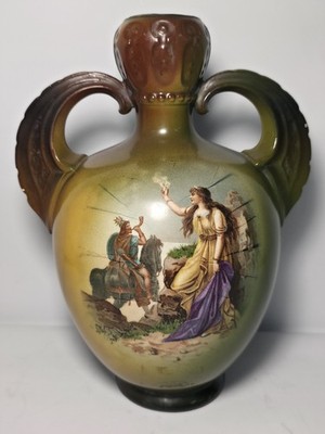 Antique Decorated Porcelain Dual Handle Pitcher Signed w/ Griffin El Unico Logo