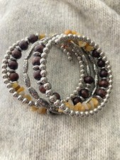 Boho Beaded Wrap Bracelet Silver Tone Wood Yellow Stone Coil Stretch Earthy