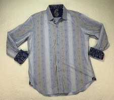 Robert Graham Flip Cuff Long Sleeve Embroidered Blue Stripe Dress Shirt Mens L
