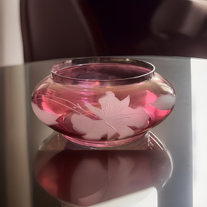 Vintage Cranberry Floral Etched Clear Glass Candle Bowl Art Deco