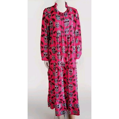 Women's Maxi Dress L Pink Day Of The Dead Scull Flower Flowing Halloween Artsy