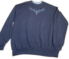 VTG Top Stitch Floral Embroidery Navy Blue Sweater Sweatshirt XLarge Granny 80'