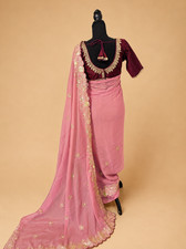 Indian Saree Pink Georgette Gold Embroidery Maroon Velvet Blouse Wedding Party
