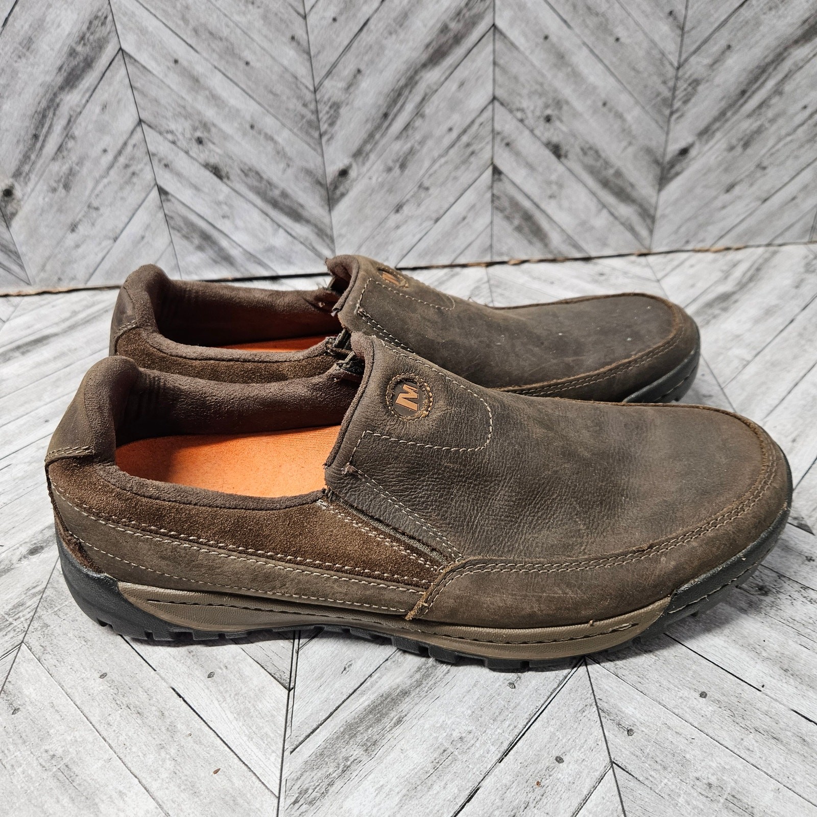 Scarpe mocassino Merrell uomo 10 5 viaggio mensa pelle marrone slip on J42107