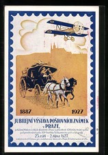 AK Prag, Jubiläumsausstellung von Postkarten 1927, Flugzeug & Kutsche 1927 
