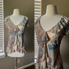 Y2K 2000s Top Medium Brown Paisley Ruffle V-Neck Stretch Fairy Grunge Whimsigoth