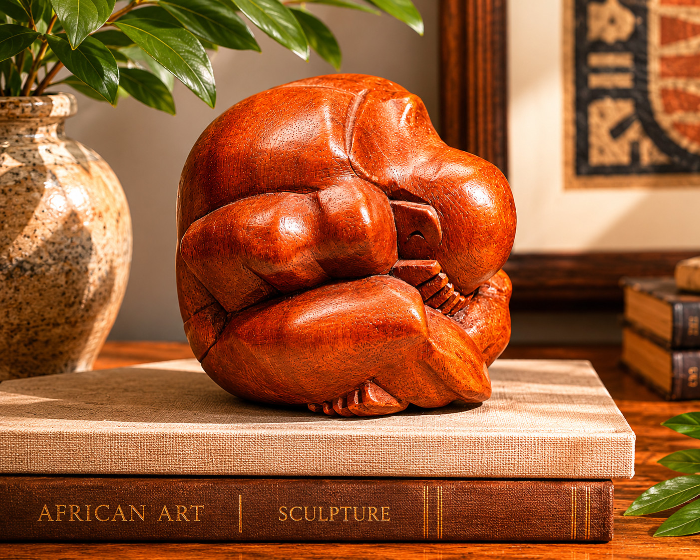 A modern minimalist hand-carved wood abstract sculpture of two embracing forms.