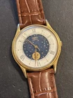 S12 Vintage Timex Men Blue Star Moon Phase Leather Quartz 34mm Watch Untested***