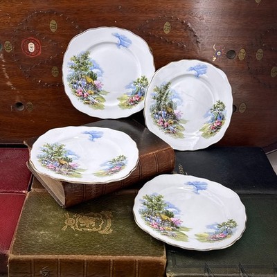Vintage Royal Vale Bone China Cottage Szene Beilagen Teller 4er Set England 16 cm