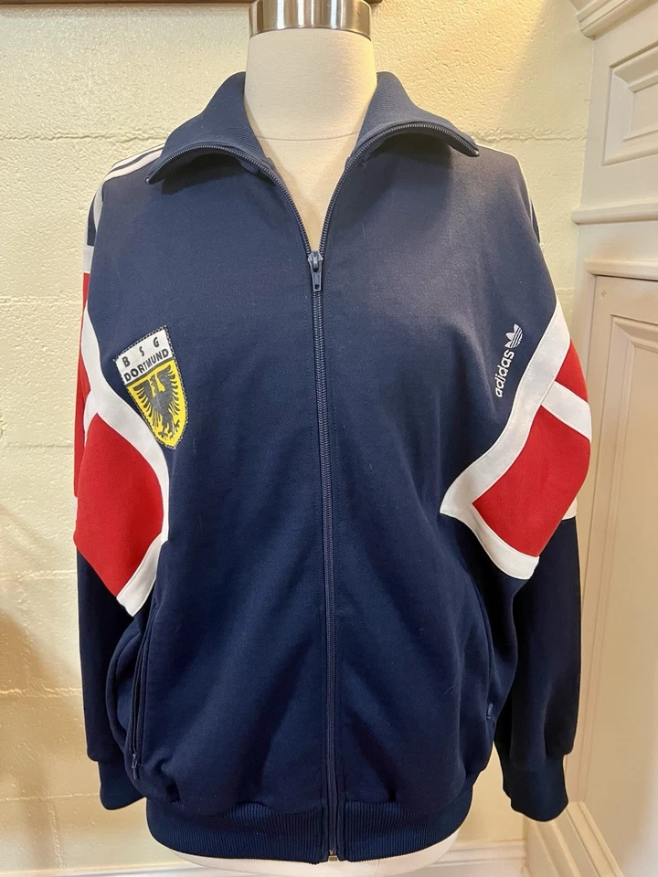 ВИНТАЖНЫЙ ADIDAS СИНИЙ И КРАСНЫЙ ТРЕК КУРТКА МОЛНИИ ПАЛЬТО РЕТРО SZ СРЕДНИЙ BSG ДОРТМУНД НАШИВКА - Изображение 4 из 4