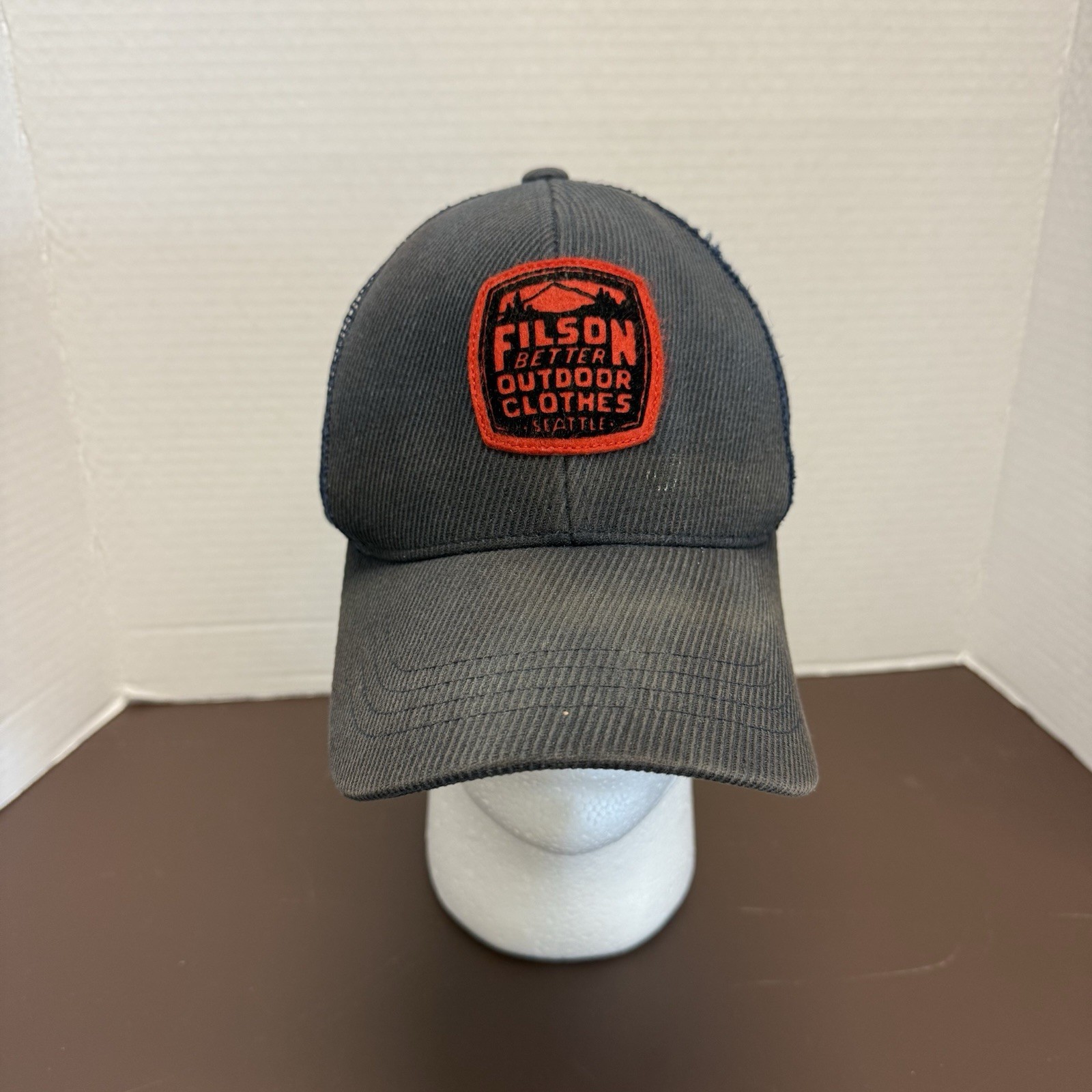 Filson Corduroy Mesh Trucker Hat Cap Gray Logger Strap Back Patch
