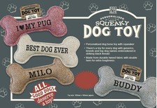 Personalised Squeaky Dog Toys Bone Shaped Soft Pet Puppy Play Name Breed BNWT