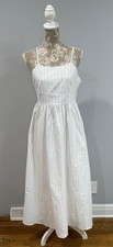 White Gray Striped A-Line Midi Dress Square Neck Sleeveless Zip Closure
