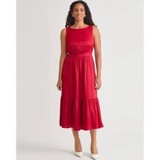 Kasper Women Crimson Red Satin Tiered Sleeveless Boat Neck Midi Dress Size L