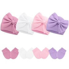 4 Pack Baby Hats 0-6 Months Newborn Girls Bow Infant Beanie Mitten Set Cotton
