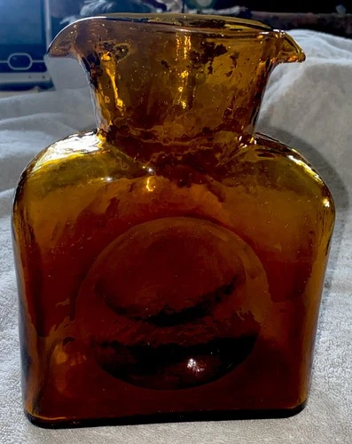 BLENKO GLASS CO #384 DARKER AMBER Double Spout WATER BOTTLE Handblown Mint