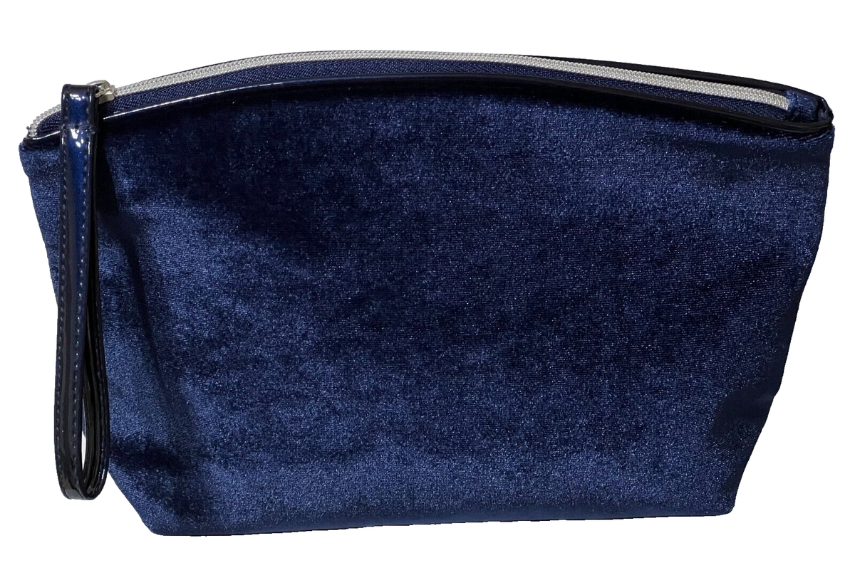 Lancome Navy Blue Velvet Makeup Cosmetic Bag Zipper Top Wristlet