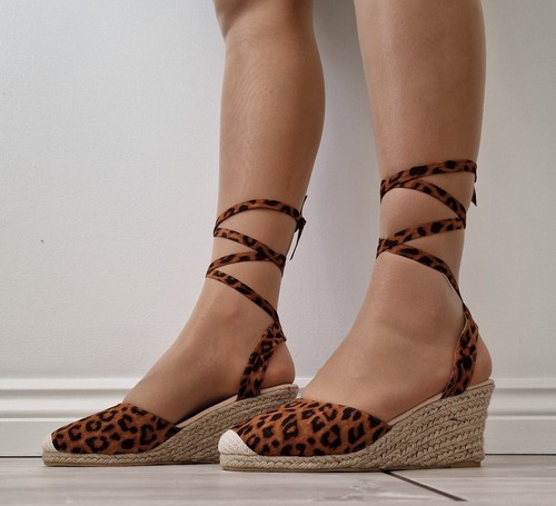 Womens Leopard Espadrille Sandals Ankle Strap Tie Up Wedge Heel Platform Shoes - Picture 7 of 7