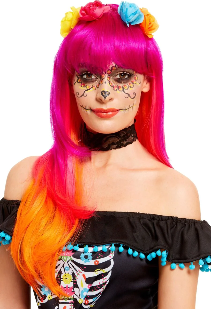 Day Of The Dead Wig Adult Pink Orange Day Of The Dead Wig Adult Pink Orange