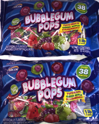 SHIP 24 HR-2ea lb Bags Arcor Bubblegum Pops Tutti Frutti/Green