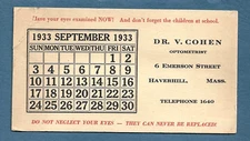 Vintage 1933 Advertising Ink Blotter Eye Dr. V. Cohen 6 Emerson St Haverhill Ma