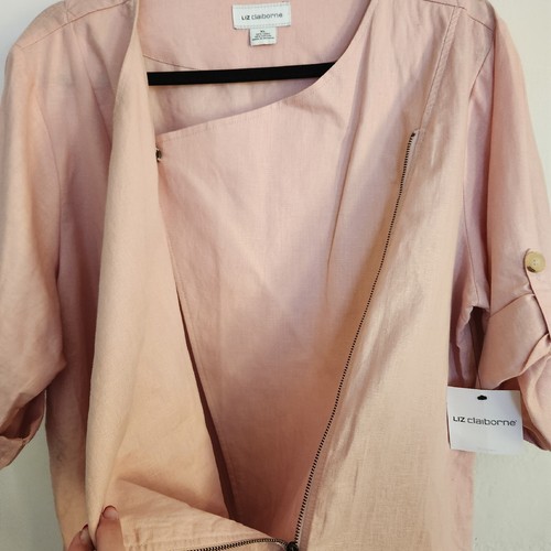 Liz Claiborne Linen Cotton Blend Roll Tab Sleeve Front Zip Top Size XL - Picture 6 of 11