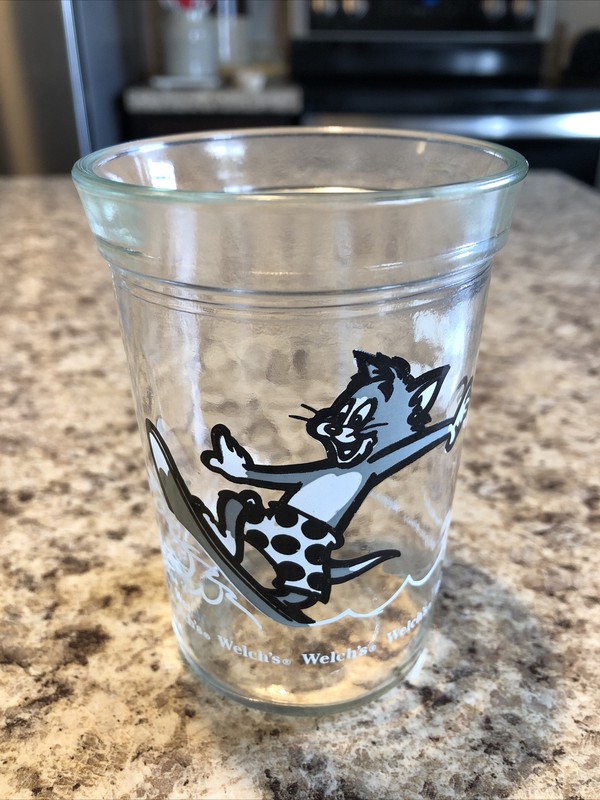 Welch's Jelly Tom and Jerry Juice Jelly Glass 1990 Tom Surfing 4" Tall Vintage