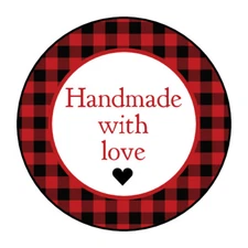 Handmade with love labels, stickers, tags envelope seals, red buffalo plaid