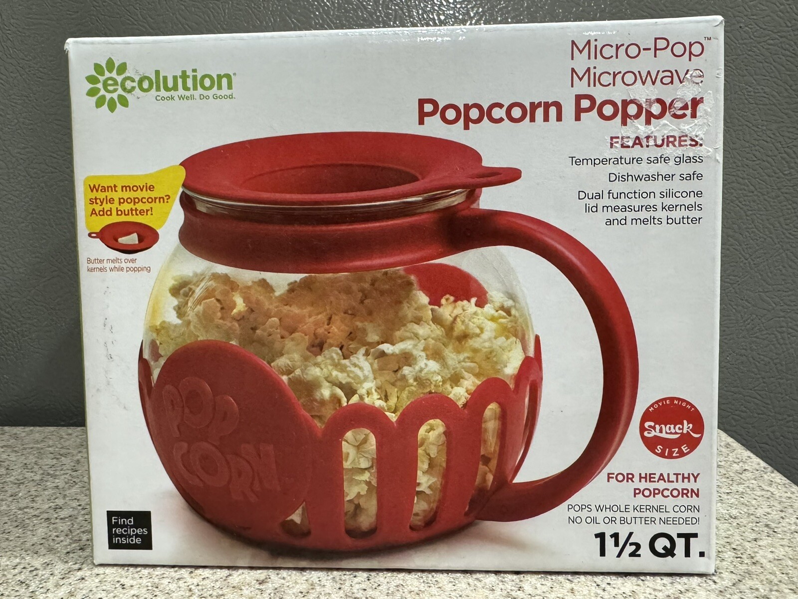 Ecolution Micro Pop 1.5 Quart Glass Silicone Microwave Popcorn Popper Red New!