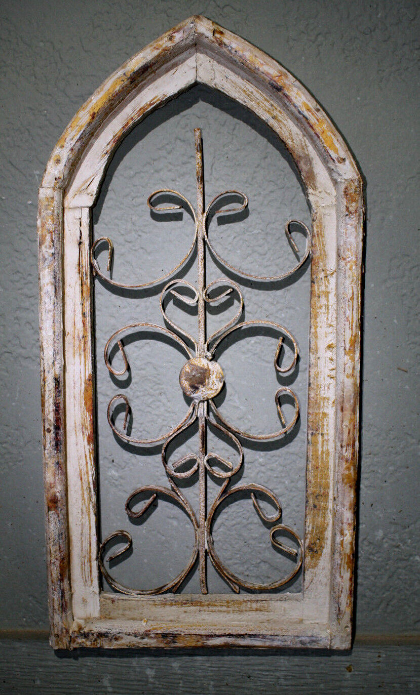 Wooden Antique Style Church WINDOW Wrought Iron Primitive Wood Rustic Gothic   